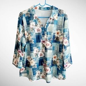 Zhenwei Floral Print Pullover V-Neck Collared Top 3/4-Sleeves